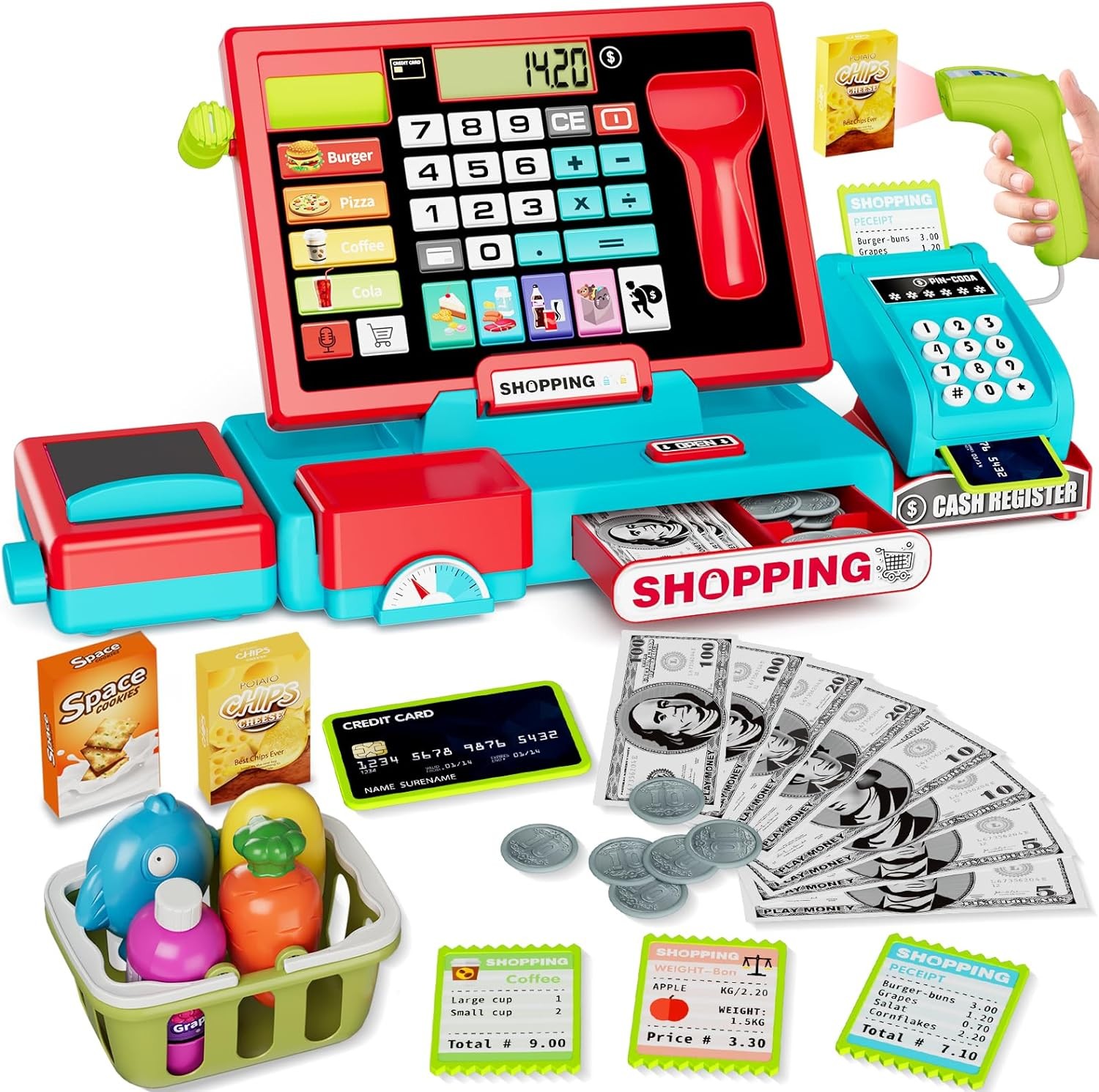 Kids Cash Register Toy Playset with Real Calculator, Toddler Pretend Play Store incl Scanner/Credit Card/Play Money/Conveyor/Food Toys, Learning Toys Gifts for Boys Ages 4-8 8-12