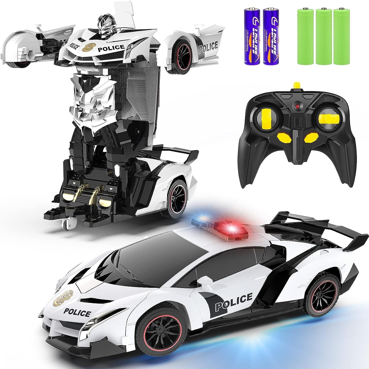 FDJ Remote Control Car - Transform , One Button Deformation to Robot with Flashing Light, 2.4Ghz 1:18 Scale Transforming Police Boys Kids Toys Gift with 360 Degree Rotating Drifting