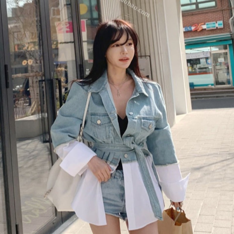 Korean Style Women Long Sleeve Button Down Blouse Stiching Denim Shirt Tops Ready Stock New