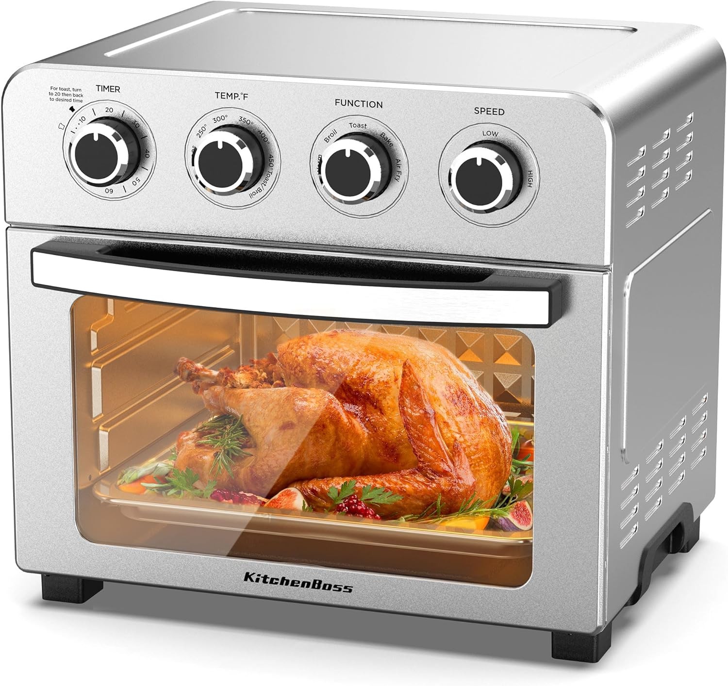 KitchenBoss Air Fryer Toaster Oven: 24.3QT/23L Airfryer with Warm, Broil, Toast, Bake, Air Fry 5-in-1 Functions, Knob Control 1700W Toaster Oven Countertop with 4 Accessories, Stainless Steel