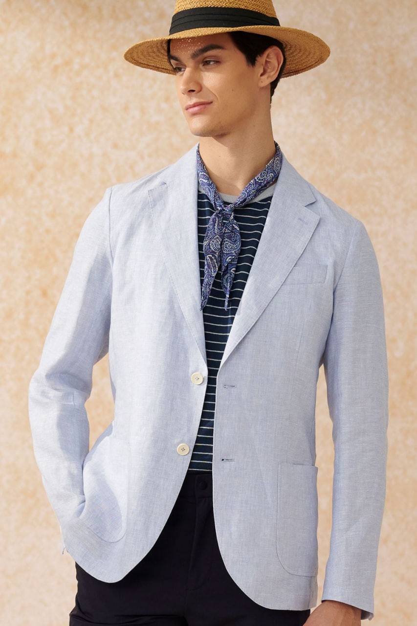 Unstructured Sky Blue Linen Casual Suit