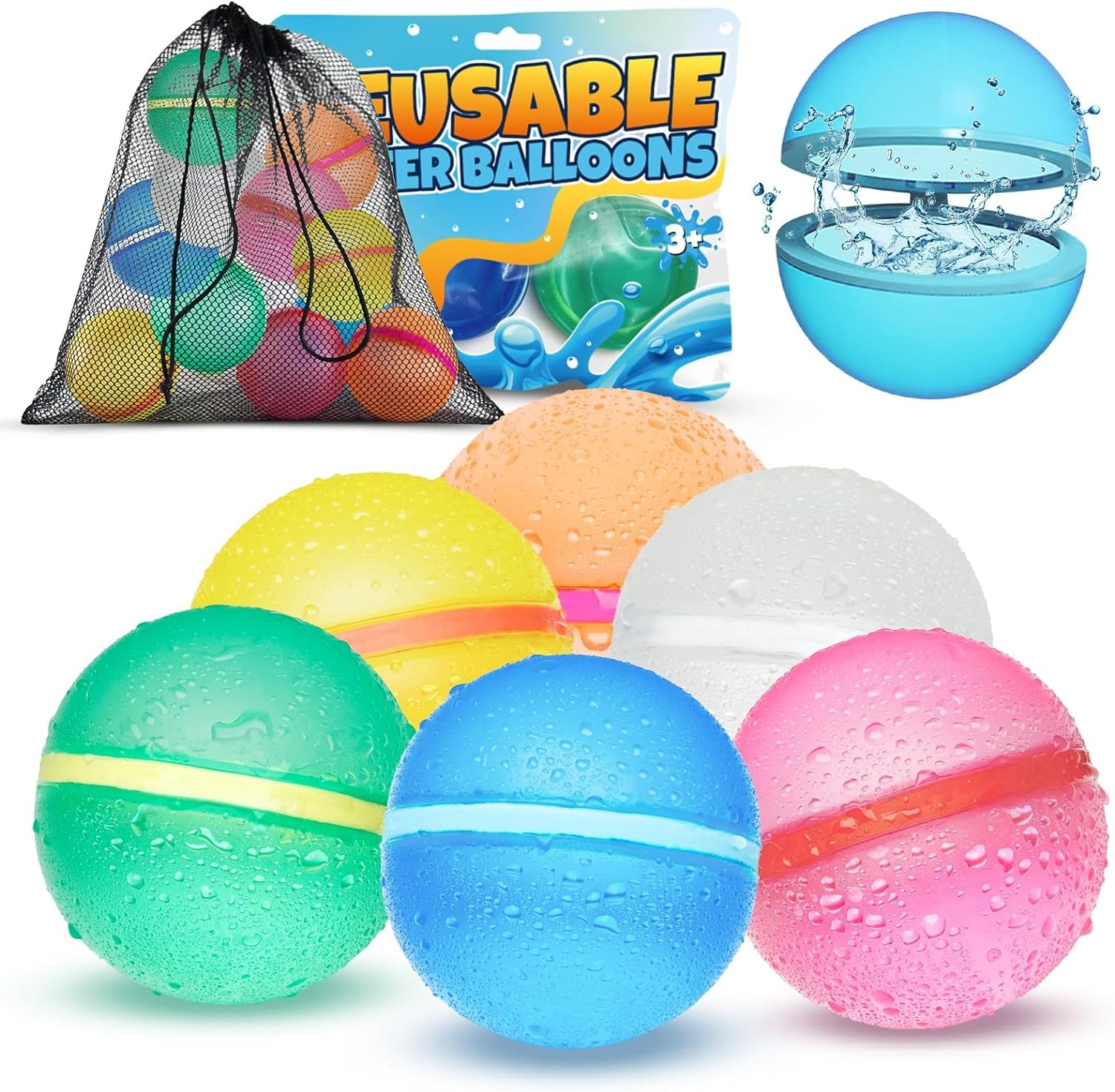 Reusable Water Balloons for Kids - 【6 Pack】 Magnetic Silicone Water Bomb with Mesh Bag, Summer Toys Swimming Pool Party Supplies Bath Toy Outdoor Idea Gift for Kids