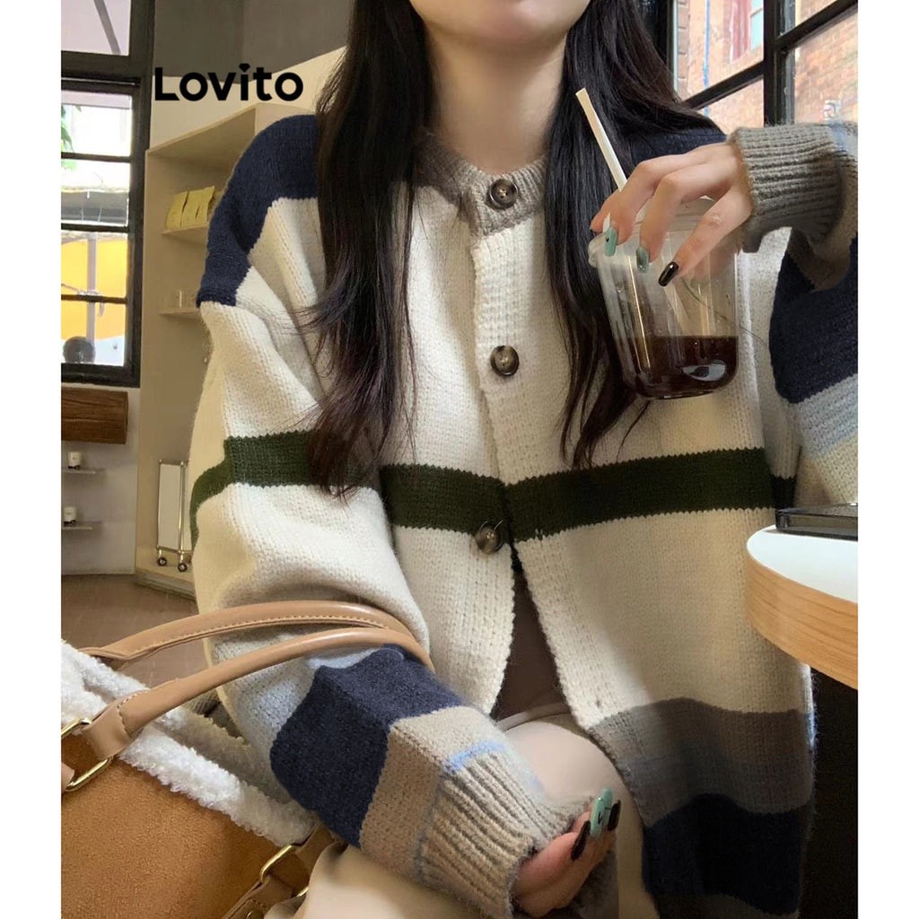 Lovito Casual Striped Button Front Sweater for Women LNA29004