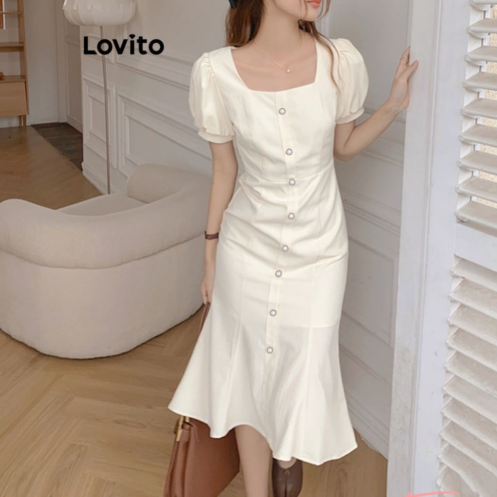 Lovito Boho Plain Button Front Ruffle Dress for Women LNE17097 (White)