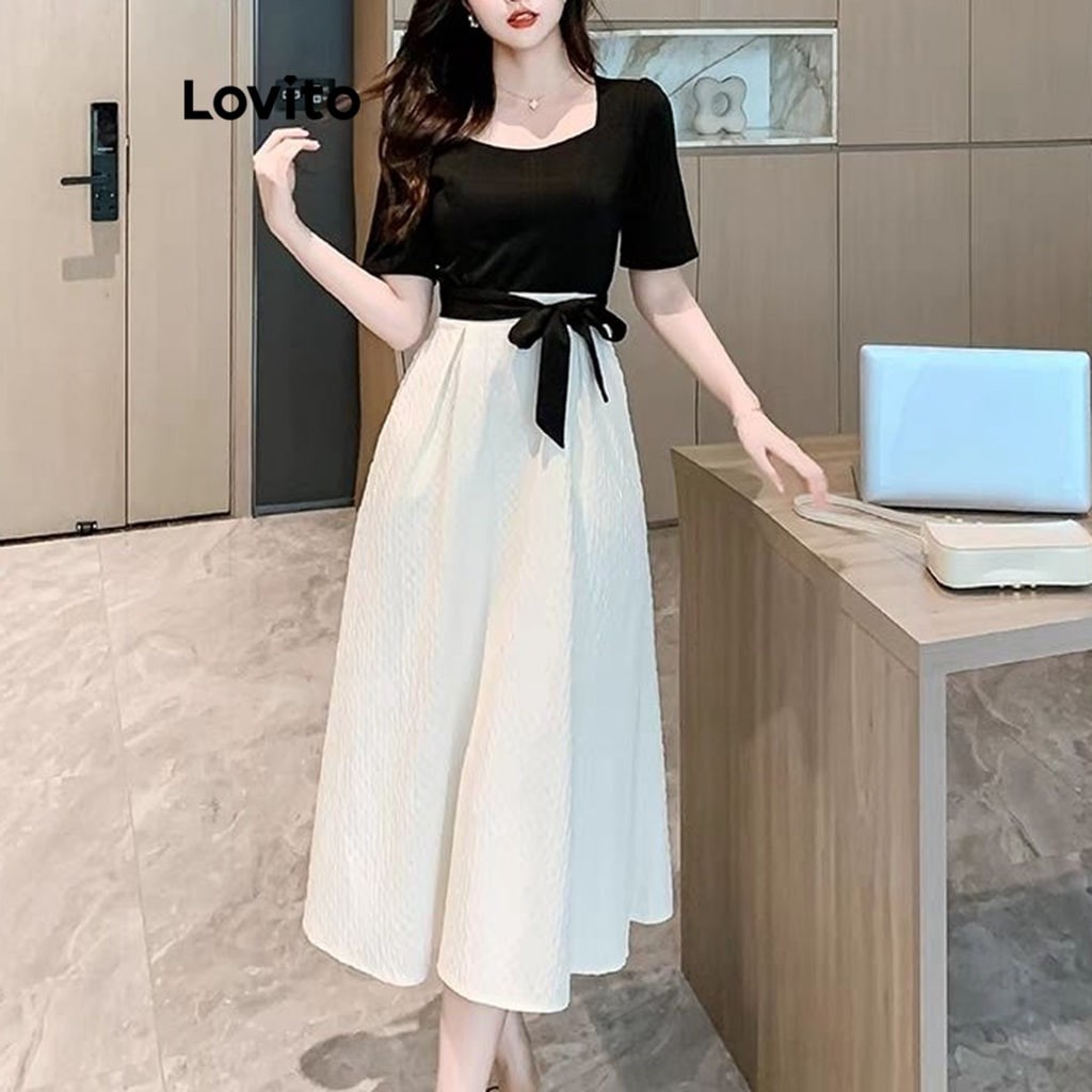 Lovito Boho Plain Bow Front Fabric Stitching Colorblock Puff Sleeve Square Neck Dress for Women LNE17110 (Black and White)