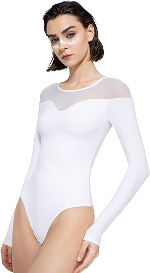 PUMIEY Mesh Bodysuit for Women Crew Neck Long Sleeve Body Suits Sexy Sheer Tops Smoke Cloud Pro Collection