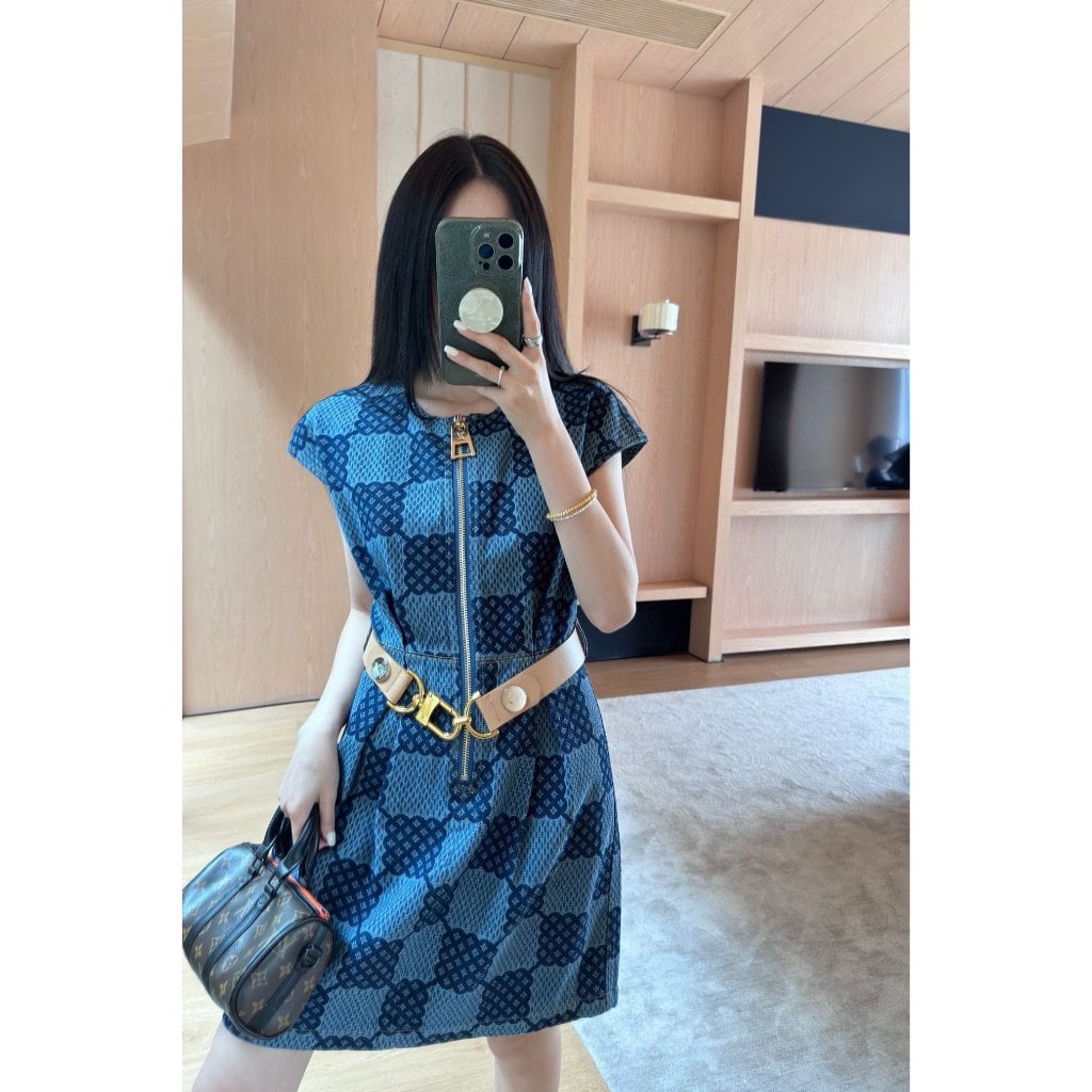 L Dress Plaid Printed Denim Fabric Classic Retro Dress with Belt