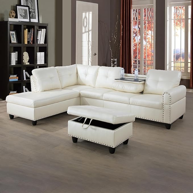 Sectional Living Room Furniture, L-Shape Couch with Ottomans and Chaise Lounge,Faux Synthetic Leather Nailhead Trim w/Cup Holders,3-Piece Sofa Set-White