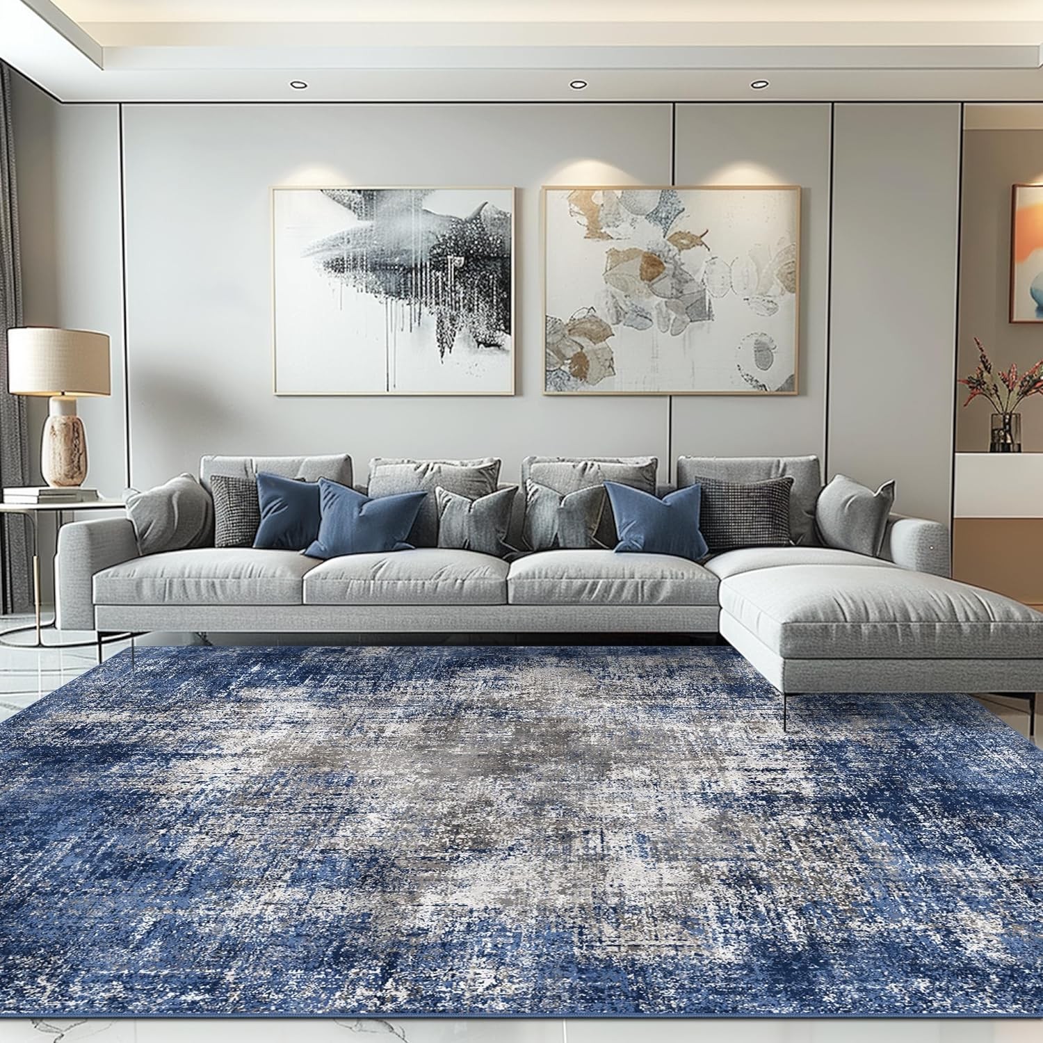 GENIMO Washable Area Rugs for Living Room Bedroom, 8x10 Modern Abstract Non Slip Rug, Low Pile Soft Contemporary Indoor Floor Carpet Cover for Dinning Room Kitchen, Blue&Gray