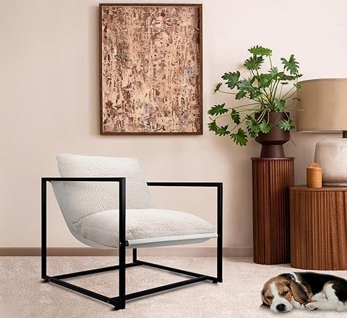 ZYBT Modern Accent Chairs, Living Room Chairs with Metal Frame and Upholstered, Lazy Arm Chair with White Boucle for Bedroom