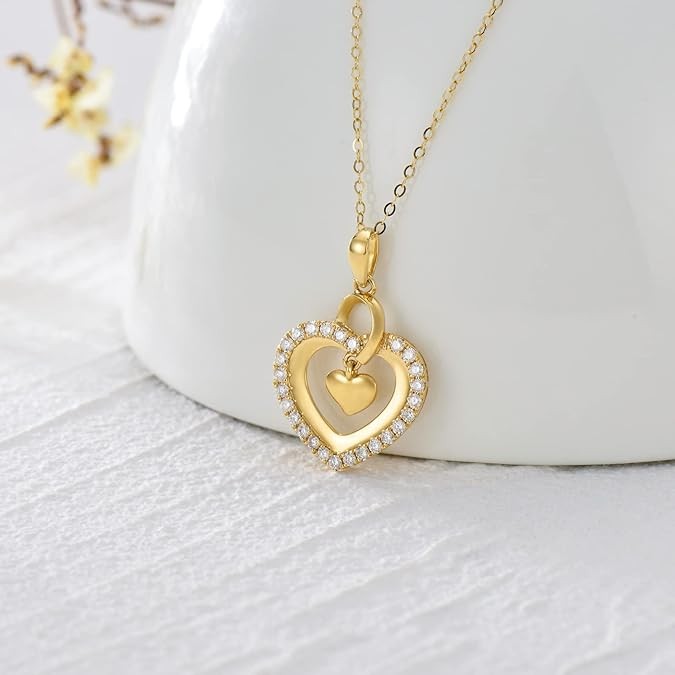 Real 14k Gold Natural Diamond Heart Pendant Necklace for Women, Love Jewelry Gifts for Her, 16-18 Inch