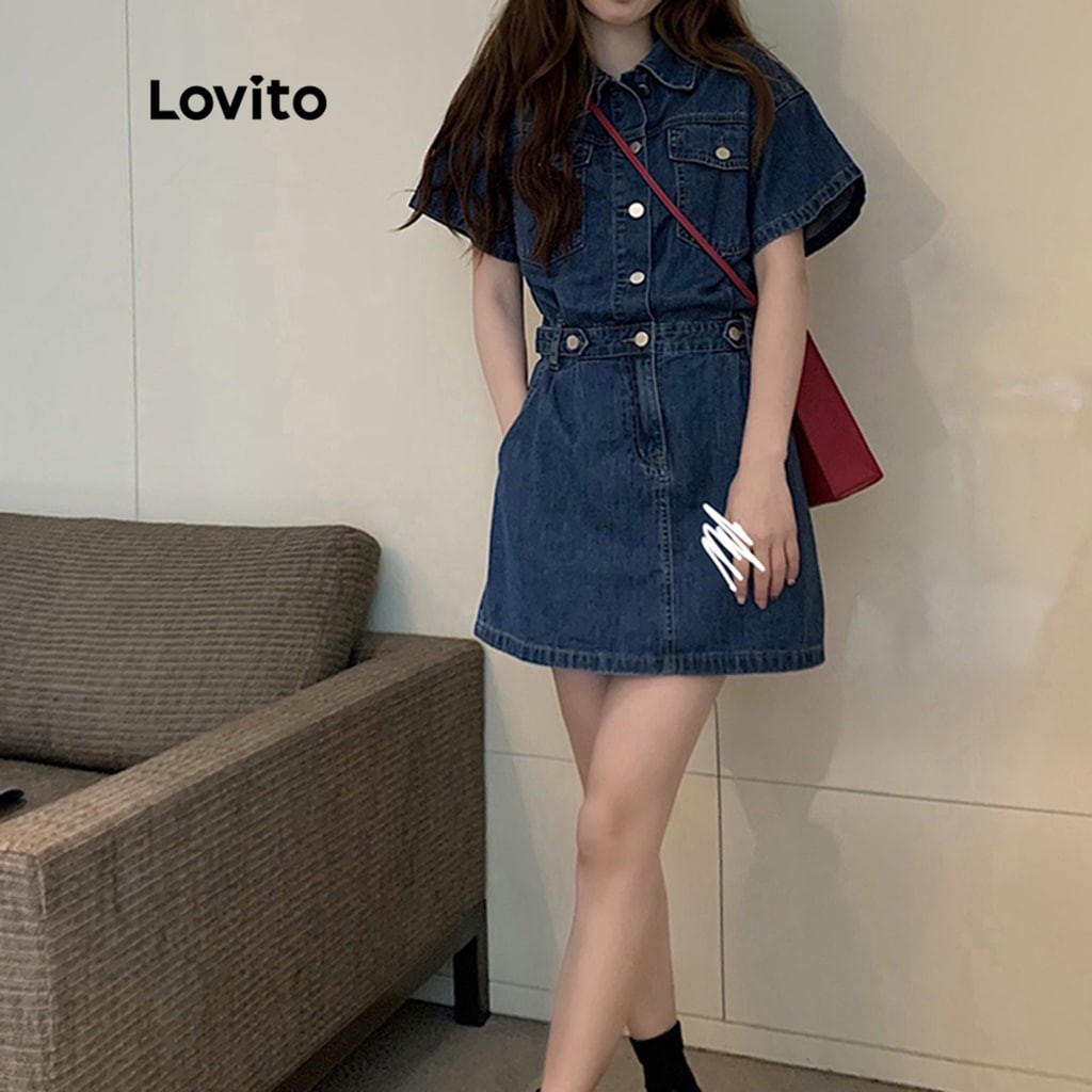 Lovito Casual Plain Raw Wash Pocket Short Sleeves Denim Dress for Women LNA09006 (Blue)