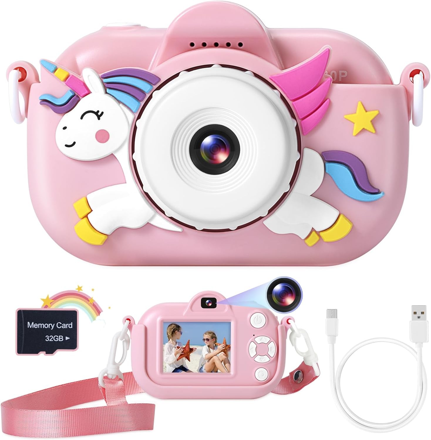 Kids Camera Toys for Girls Age 3-8, ZUODUN Kids Digital Camera Toddler Camera for 3 4 5 6 7 8 Years Old Birthday Gifts, 1080P Video Camera with Cute Protective Cover & 32GB SD Card