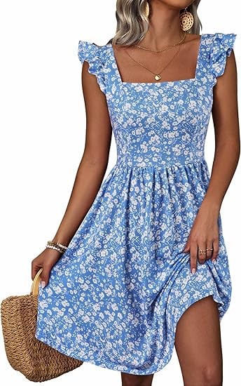 Loemes Summer Casual Cute Floral Flowy Square Neck Sundressses with Pocket Beach Dress for Women 2024