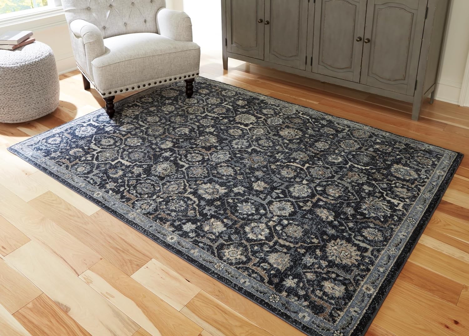 Signature Design by Ashley Hilcott Traditional Artful Floral Design Machine Woven 5 x 7 ft Medium Rug, High Pile, Blue, Cream, & Brown