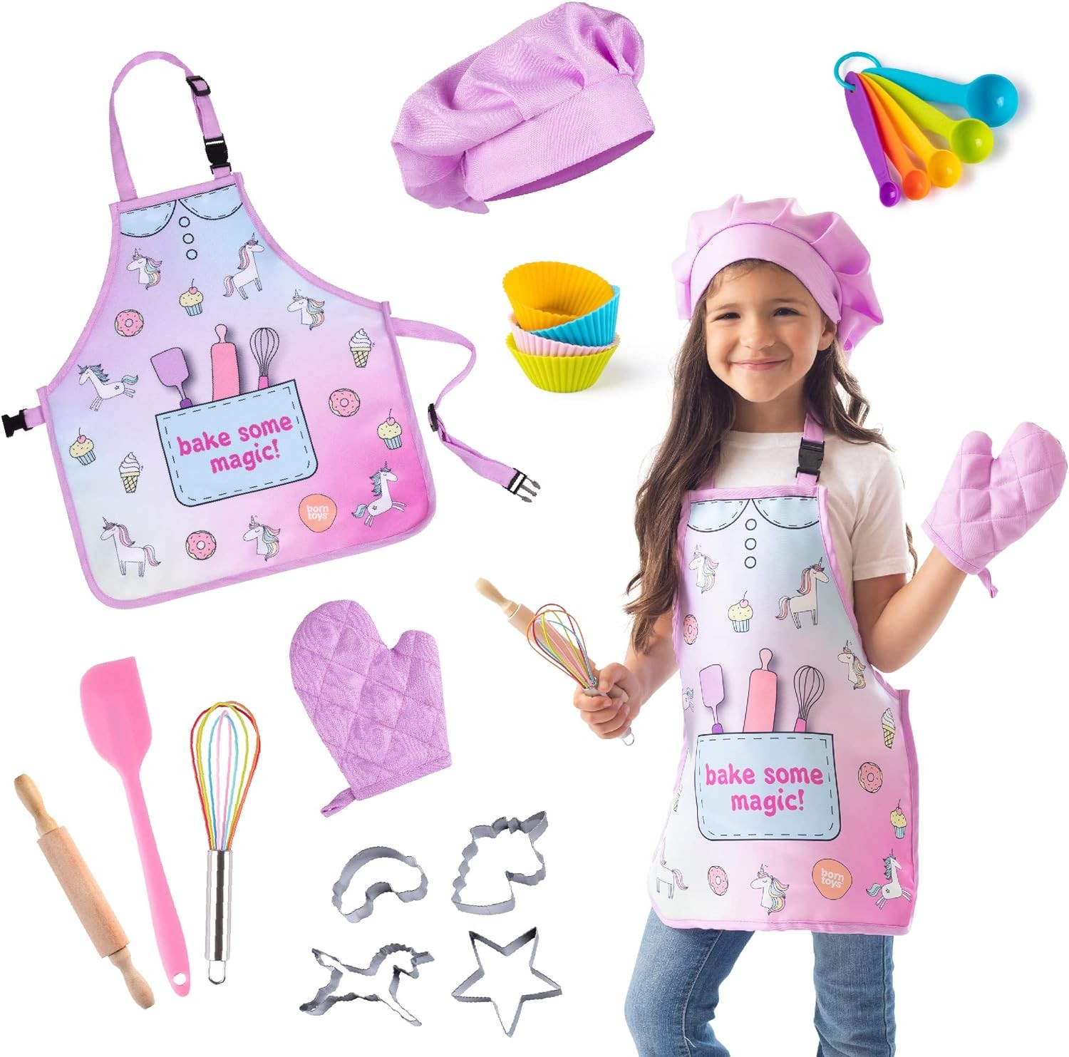 Born Toys Real Kids Baking Sets for Girls, Kids Cooking Set w/Unicorn Apron Ages 5 & Up