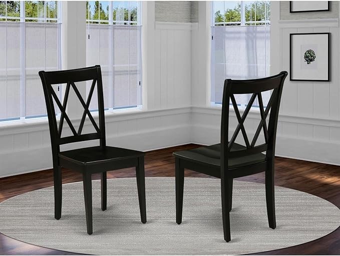 East West Furniture CLC-BLK-W Clarksville Dining Chairs - Double Cross Back Wooden Seat Chairs, Set of 2, Black