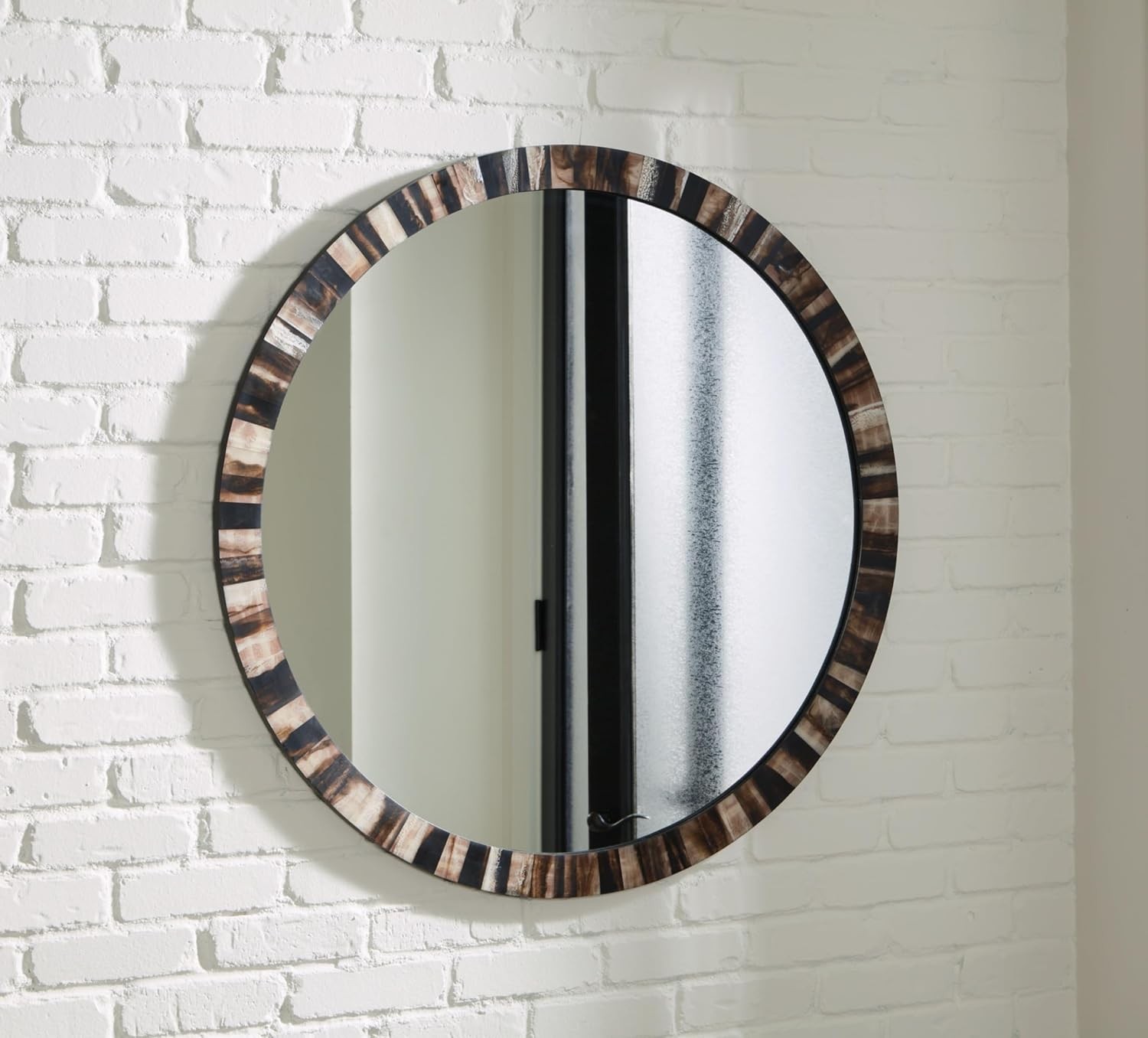 Signature Design by Ashley Ellford Casual 36" Circular Accent Wall Mirror, Black, Brown, & Cream