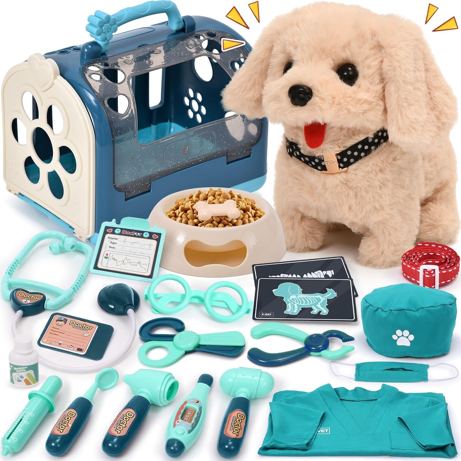 G.C 22Pcs Dog Toys for Kids Doctor Kit, Walking Barking Electronic Interactive Stuffed Dog Vet Kit Costume Pretend Play Puppy Pet Care Veterinarian Playset, Gifts for Kids Girls 3 4 5 6+ Year Old