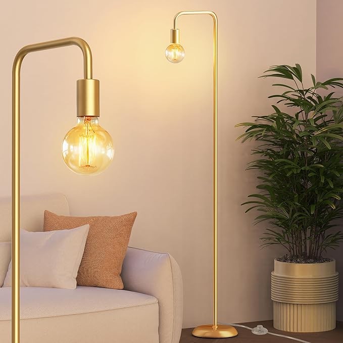 QiMH Industrial Floor Lamp for Living Room, Farmhouse Metal Standing Lamp, Modern Tall Lamp for Bedroom Office Minimalist Floor Lamps Home Decor(E26 Socket, Foot Switch), Brass Gold