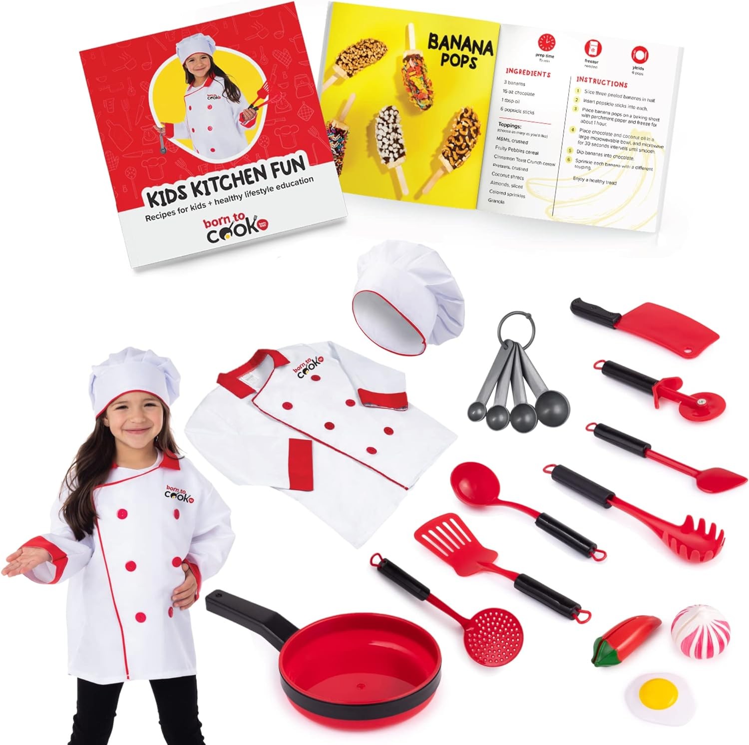 Born Toys Chef Costume for Kids w/ Chef Hat for Kids Ages 3-7, Kids Kitchen Accessories Set w/ Fun Recipe Book, Cooking Set for Kids Costume Washable and Dress Up & Pretend Play for Boys & Girls