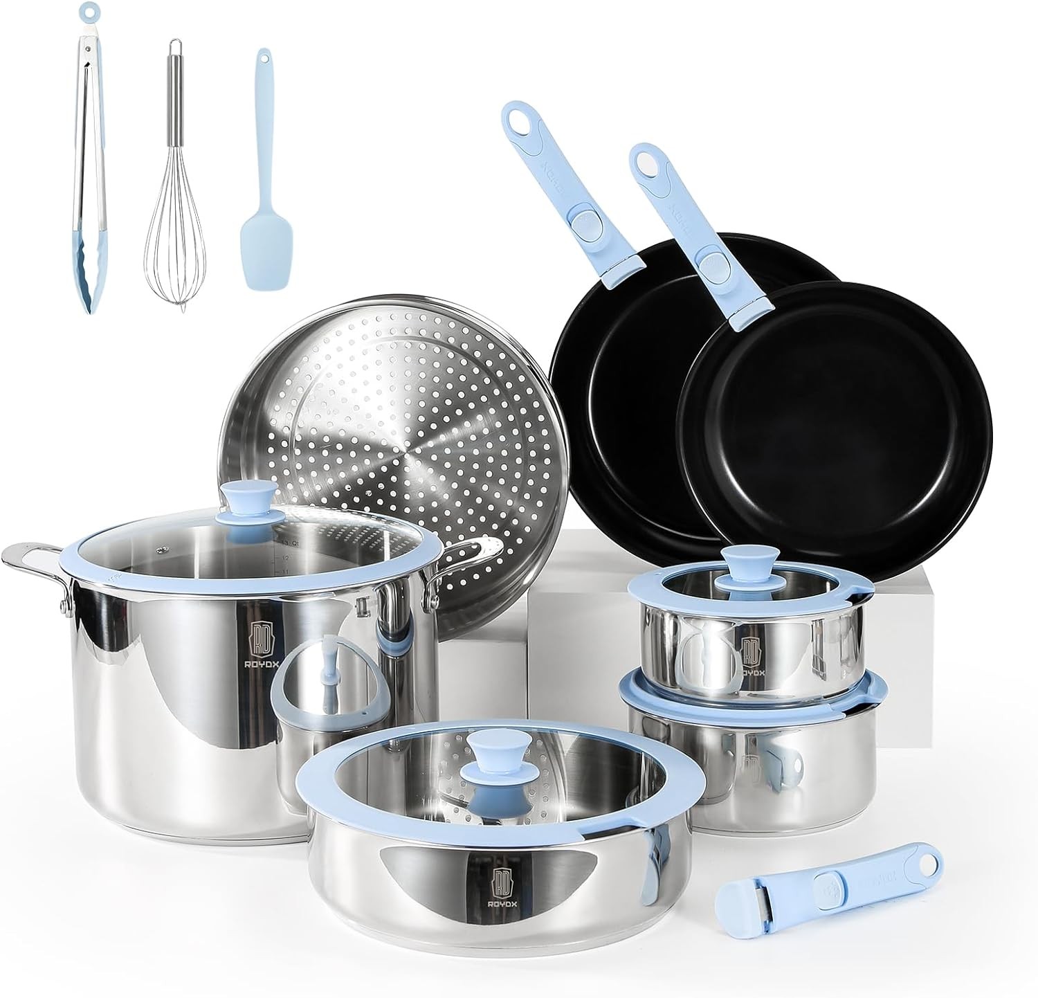 ROYDX Non Stick Healthy Ceramic Cookware Set,Large Stockpot with Steamer,Stainless Steel Pot Set with Detachable Handles, PFOA,PFAS Free for All Stoves,Family Party,Space Saving,Induction Oven Safe