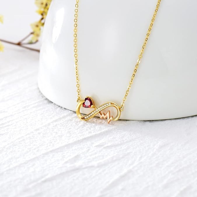 YDD 14k Solid Gold Infinity Necklace for Women Heartbeat Infinity Pendant Necklace Heart Ruby Necklace Nurse Necklace Jewelry Gifts for Her 16”-18”