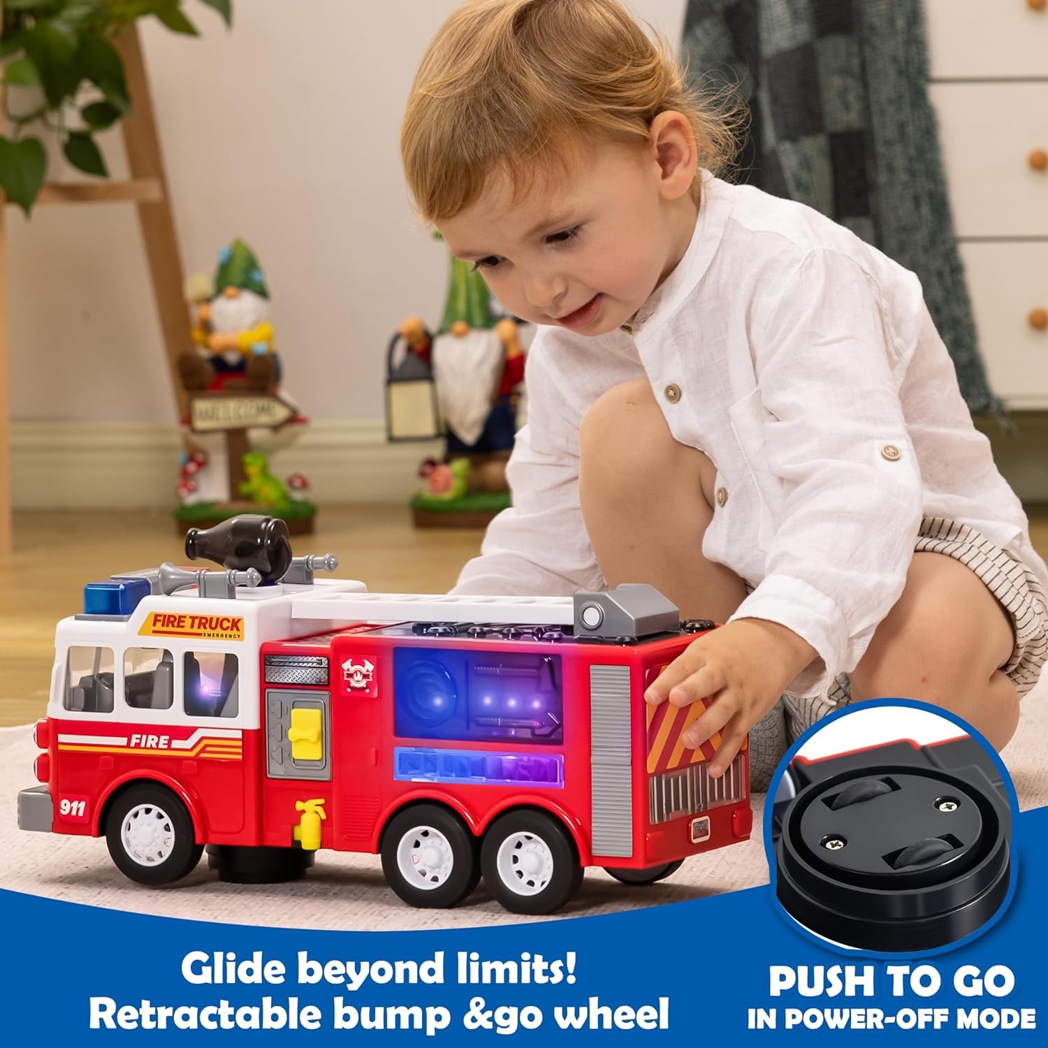 JOYIN LED Fire Truck Toy for Toddlers - LED Projections & Sirens, Bump and Go Fire Engine Trucks with Mode Switch & Volume Control, Boys&Girls Firetruck, Kids Birthday