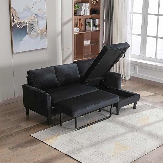 omSof Modern L-shaped Sofa Bed with Chaise Longue, Black 3-Seat Couch with Pull-out Bed and Storage