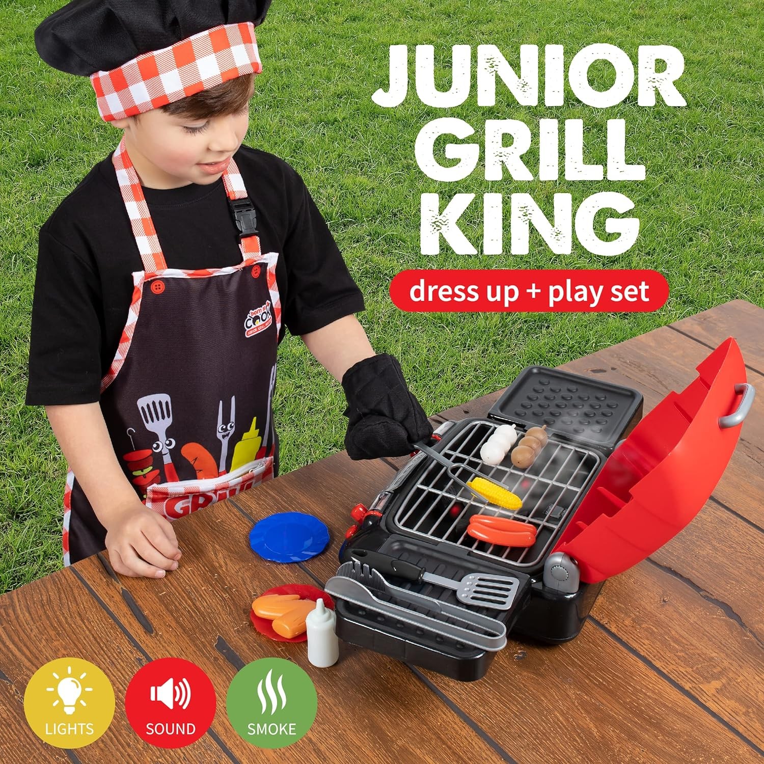 Born Toys Kids Grill Playset - Interactive Kids BBQ Grill Playset w/Pretend Smoke, Sound & Light- Dress Up & Pretend Play Kitchen Toy Grill for Kids Ages 3 & Up w/Kids Apron Hat & Cooking Mitt 20pcs