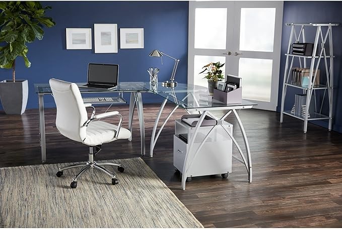 Realspace® Vista Glass 76" W L-Shape Corner Desk, Silver