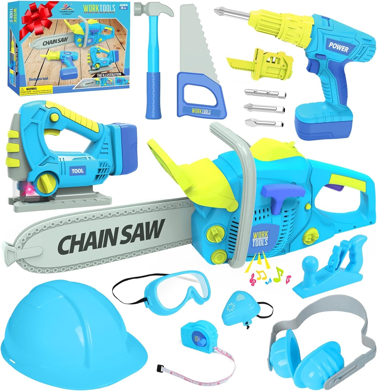 WishaLife Kids Tool Set - with Toy Chainsaw, Drill, Pretend Play Construction Tools Toy Gift for Kids Toddlers Boys Girls Ages 3 4 5 6 7 8 Year Old